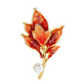 Enamel Leaf Cluster with Pearl-Look Drop Brooch — Red