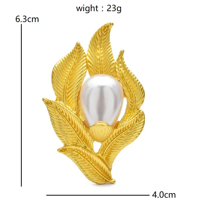 Textured Golden Leaves with Pearl-Look Center Brooch — dimensions