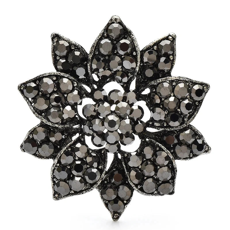 Faceted Rhinestone Sunflower Brooch — Silver