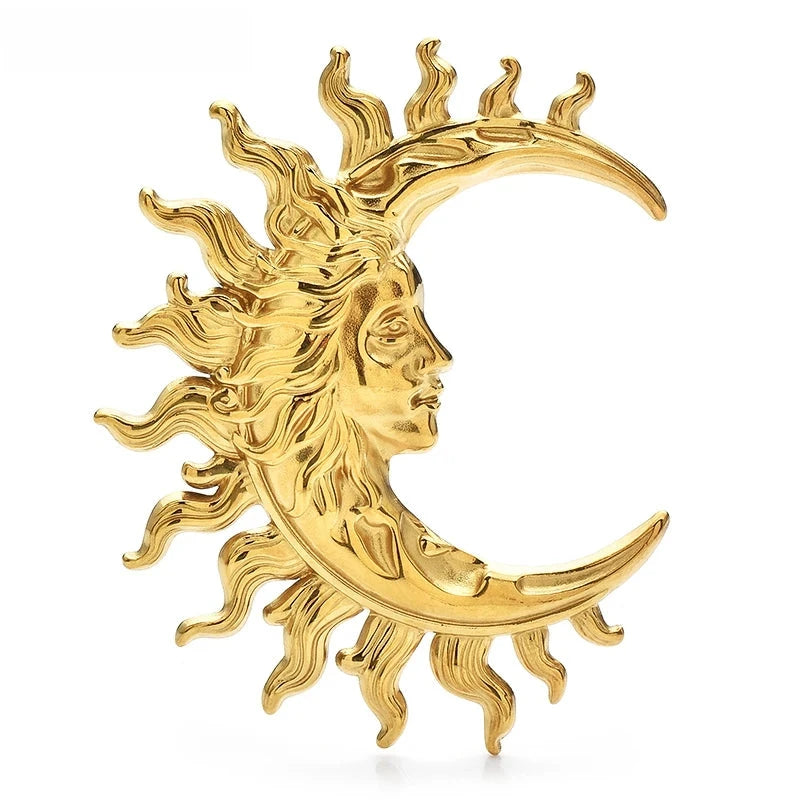 Sculptural Sun and Moon Face Brooch — Gold