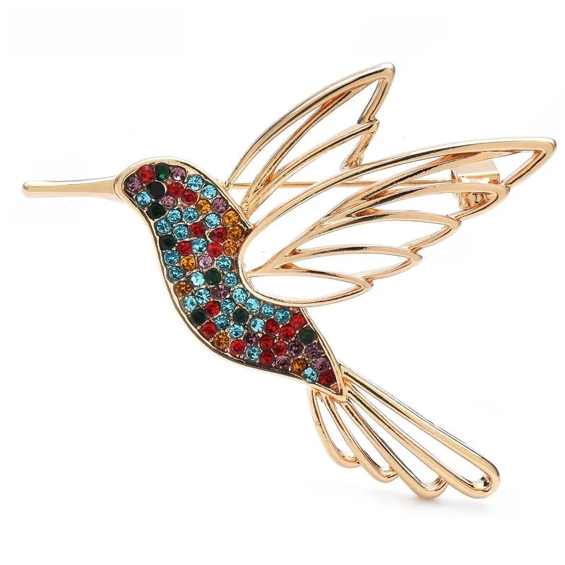 Rhinestone Hummingbird with Openwork Wings Brooch — Multicolor
