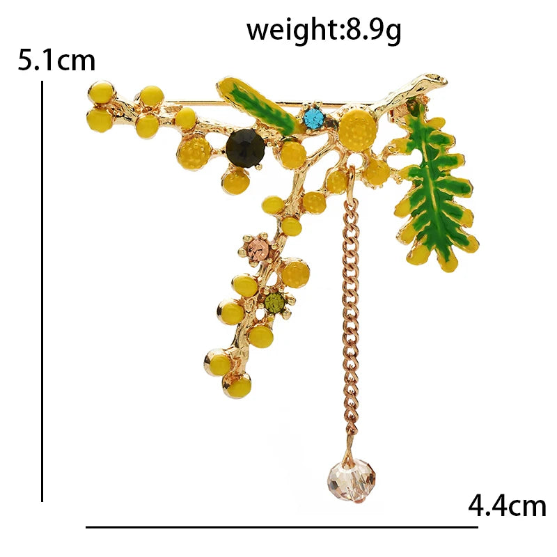 Yellow Mimosa Branch with Dangling Stone Brooch — dimensions