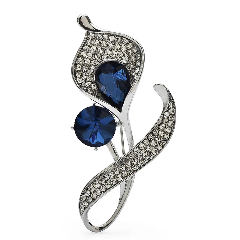 Faceted Calla Lily with Jeweled Curved Leaves Brooch — Blue