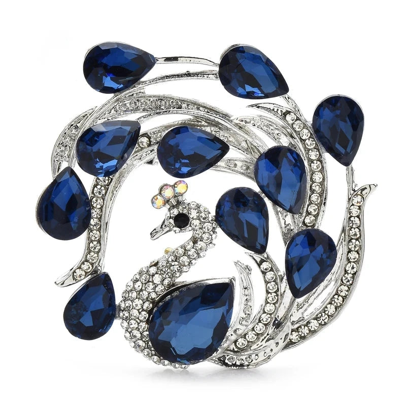Circular Peacock with Faceted Rhinestones Brooch — Blue