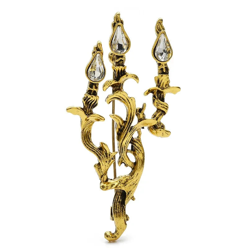 Vintage-Style Jeweled Candelabra Brooch — Antique Gold