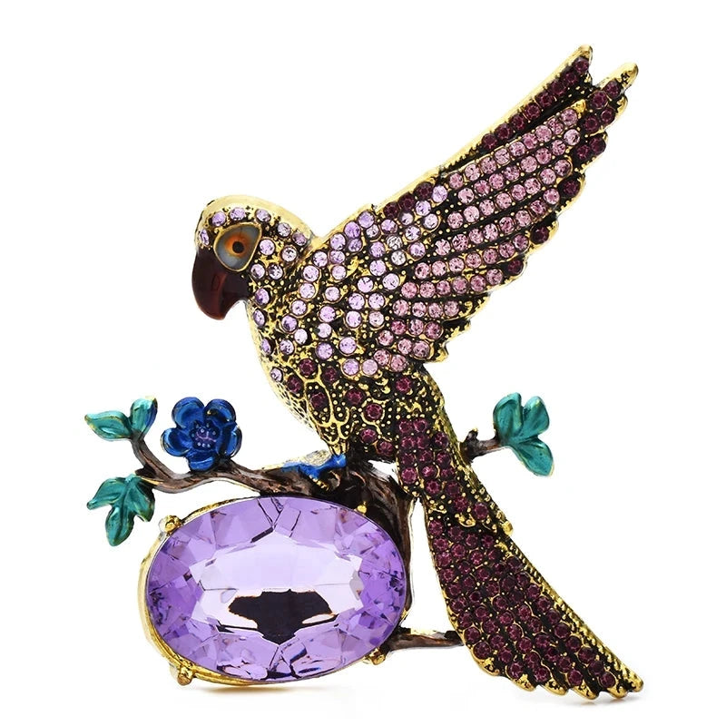 Jeweled Bird with Oval Faceted Stone Brooch — Purple
