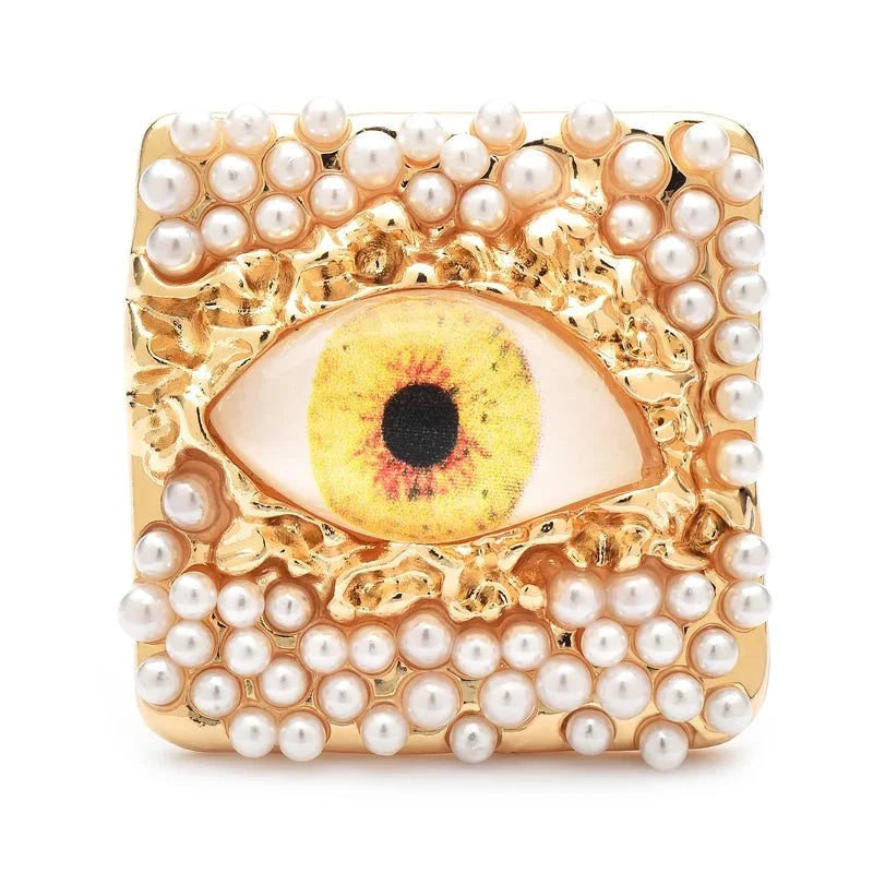 Pearl-Look Square Frame with Colorful Eye Brooch — Amber
