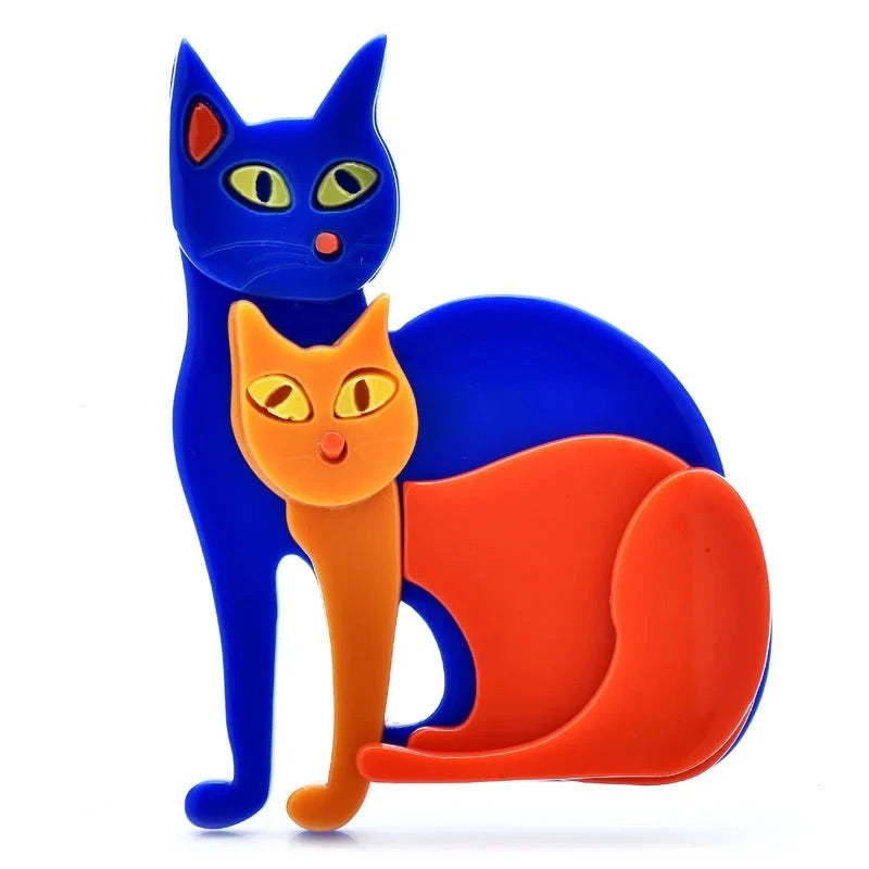 Two Sitting Cats Acrylic Brooch — Blue & Orange