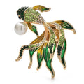 Flowing Rhinestone Goldfish with Pearl-Look Accent Brooch — Green