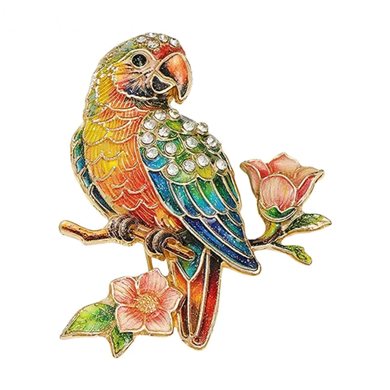 Parrot Perched on Flowering Branch Brooch