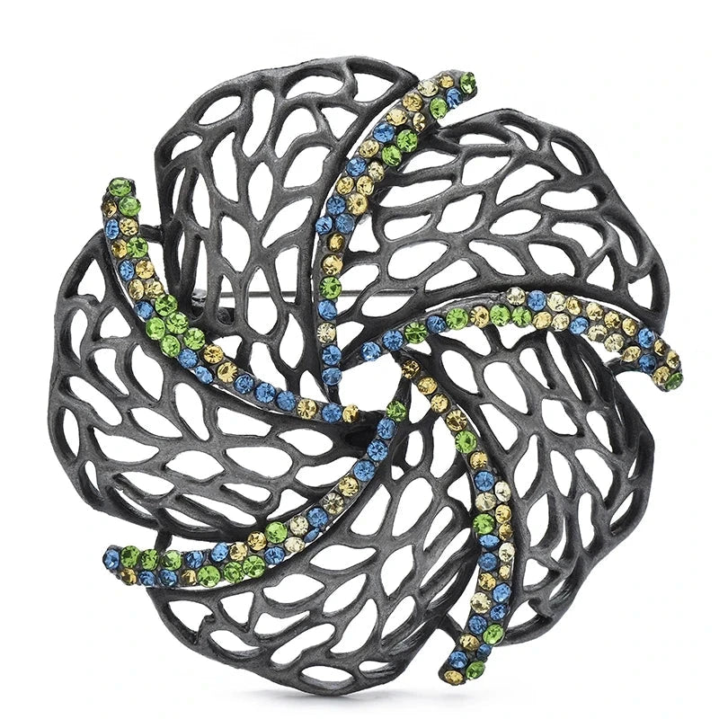Openwork Leaf Swirl with Rhinestones Brooch — Green