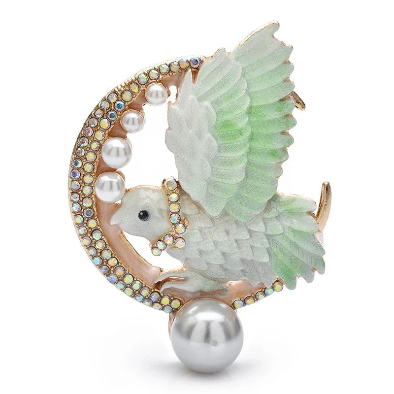 Enamel Flying Bird with Crescent and Pearl-Look Beads Brooch — Green