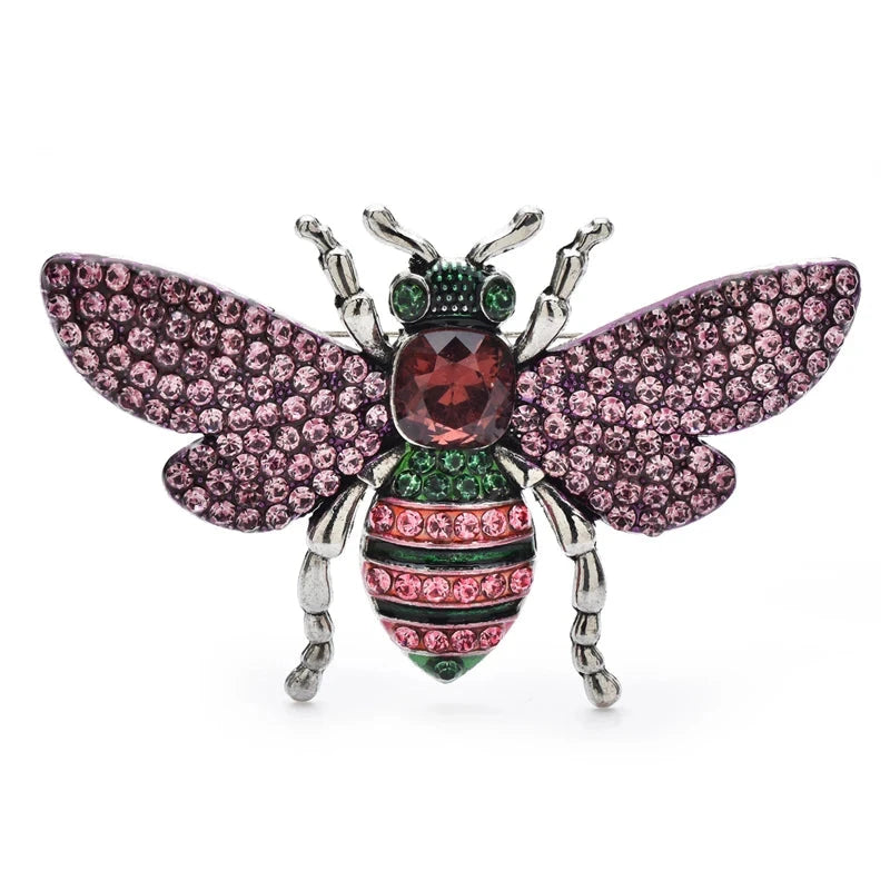 Rhinestone Bee with Spread Wings Brooch — Pink & Black