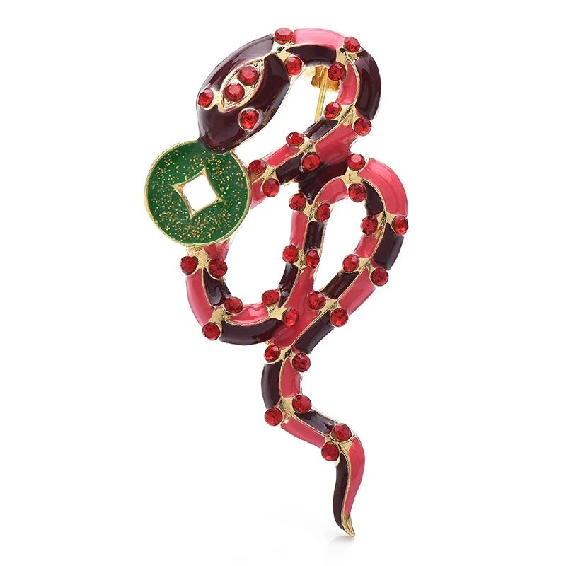 Enamel Snake with Colorful Stone Brooch — Red & Green