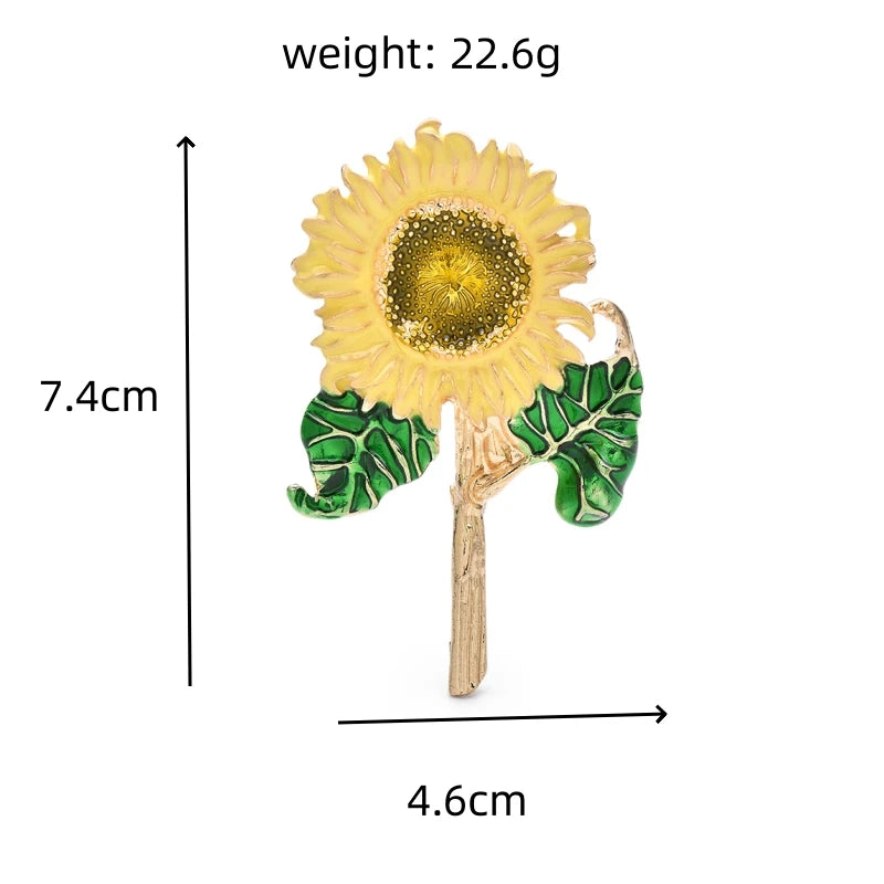 Enamel Sunflower on Leafy Stem Brooch — dimensions