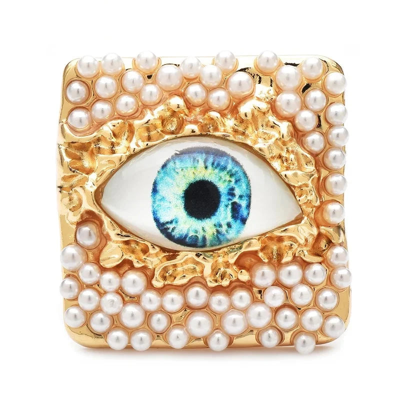 Pearl-Look Square Frame with Colorful Eye Brooch — Light Blue