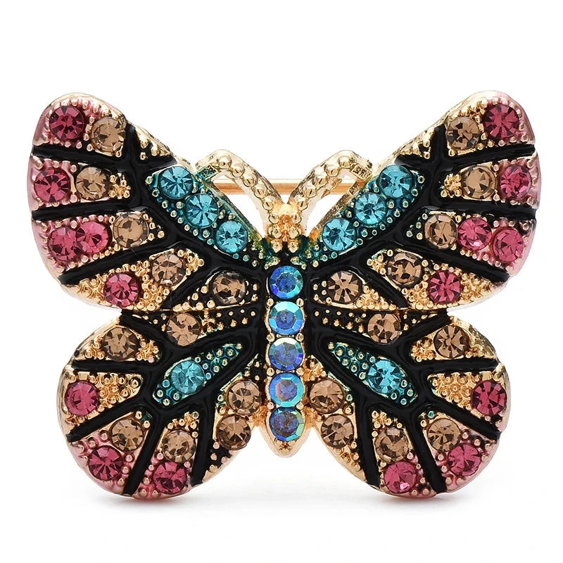 Petite Multicolor Rhinestone Butterfly Brooch — Pink