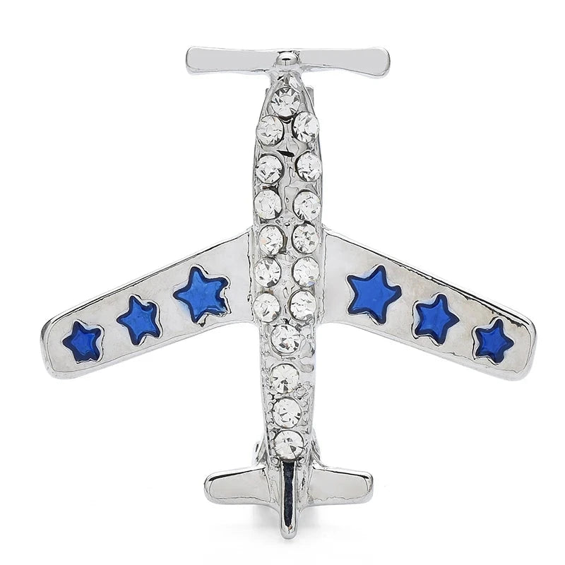 Vintage Airplane with Enamel Stars Brooch — Silver & Blue Stars