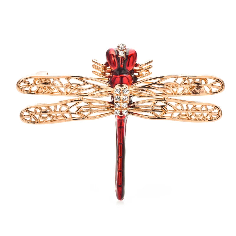 Enamel Dragonfly with Jeweled Wings Brooch — Red
