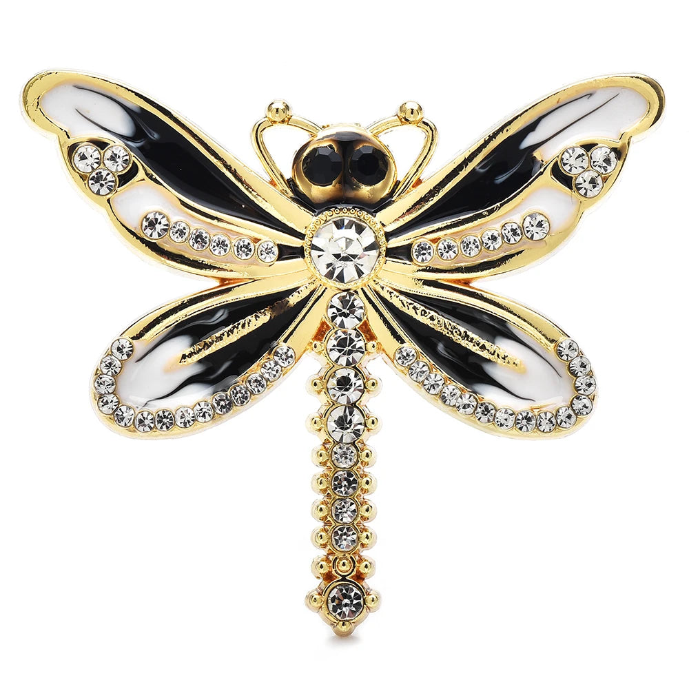 Colorful Enamel Dragonfly with Rhinestone Tail Brooch — Black & White