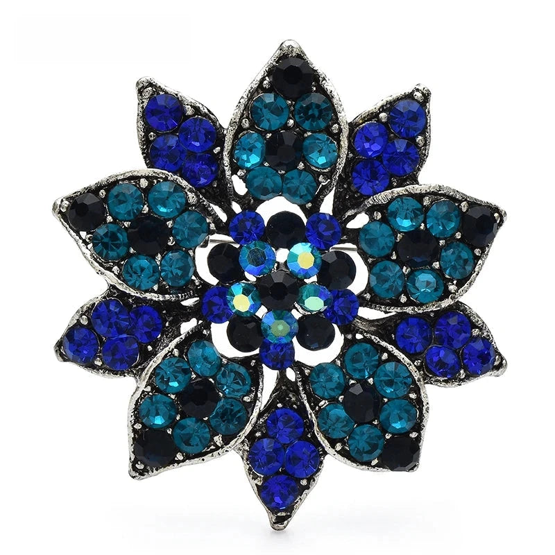 Faceted Rhinestone Sunflower Brooch — Blue
