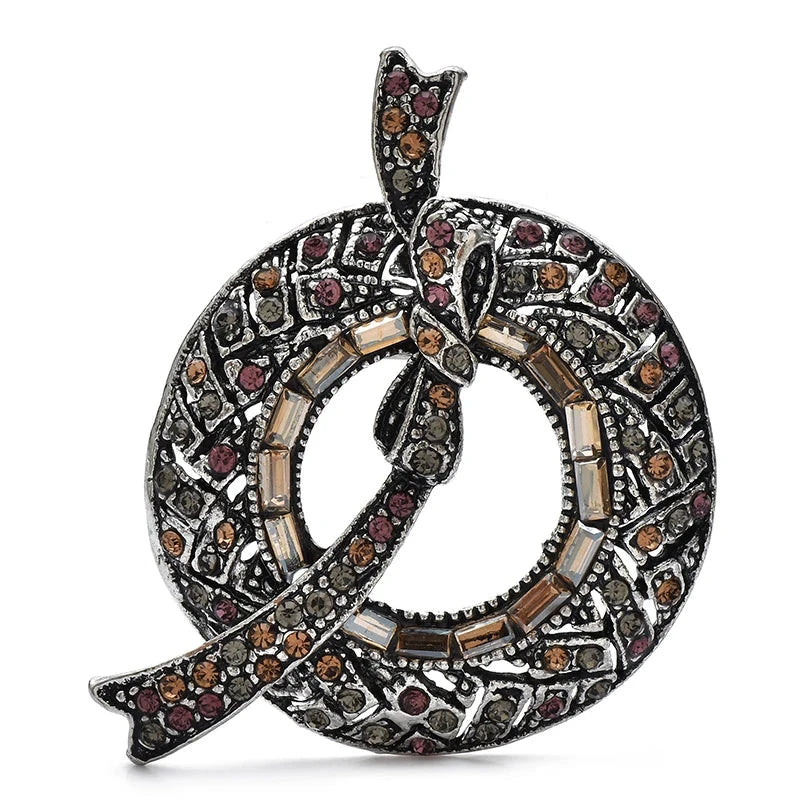 Rhinestone Circle with Ribbon Swirl Brooch — Smoky Multicolor