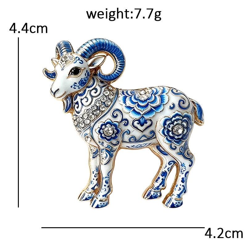 Blue and White Floral Goat Brooch