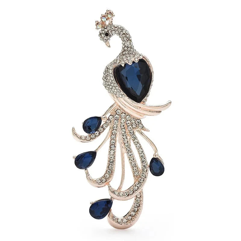 Jeweled Peacock with Flowing Loop Tail Brooch — Blue