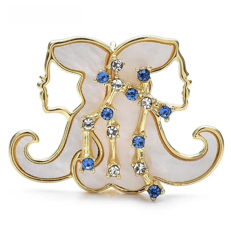 Gemini Zodiac Twins with Blue Stars Brooch — Gold