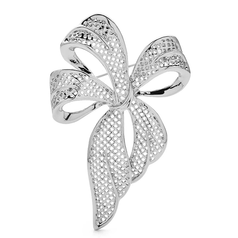 Openwork Mesh Ribbon Bow Brooch — Silver