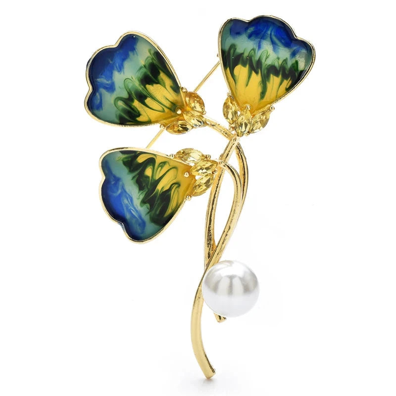 Enamel Ginkgo Leaf Spray with Pearl-Look Drop Brooch — Blue & Green