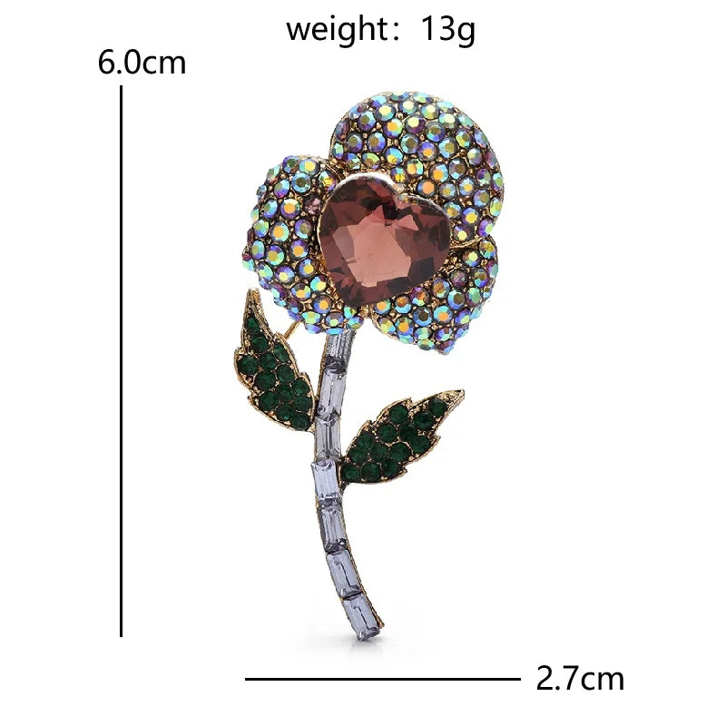 Jeweled Flower with Heart Center Brooch — dimensions