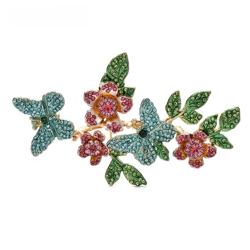 Rhinestone Butterfly and Flower Branch Brooch — Blue