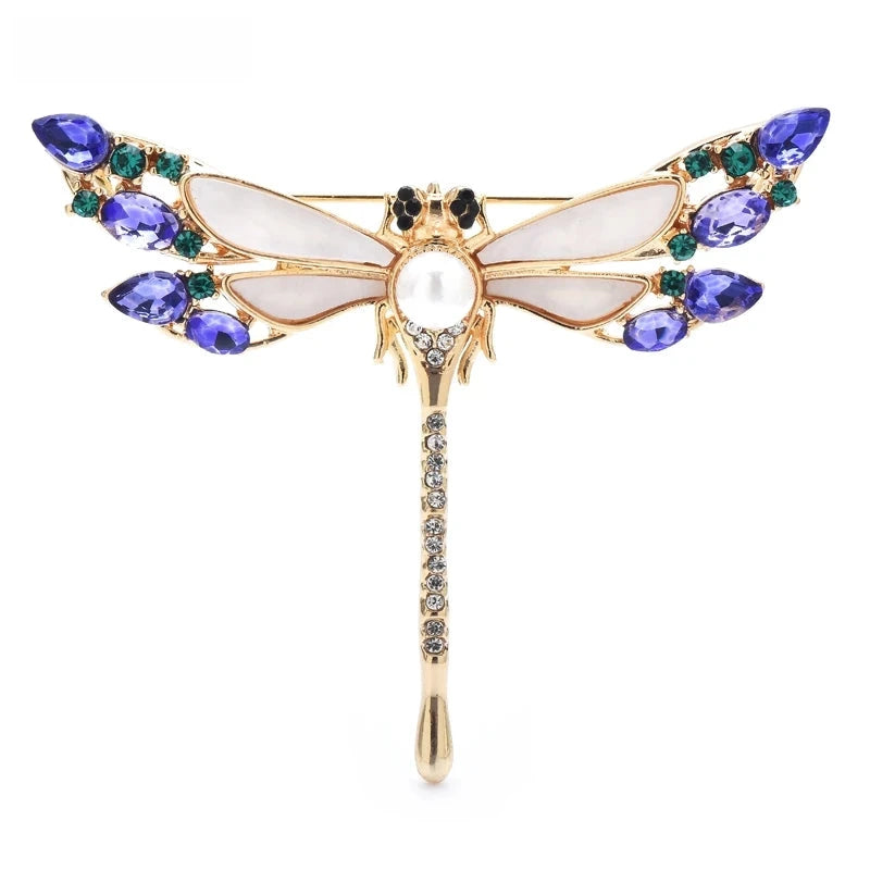 Iridescent Wing Dragonfly with Rhinestone Tail Brooch — Gold