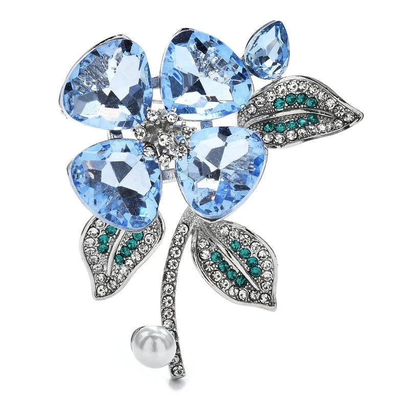 Blue Crystal Flower with Pearl-Look Drop Brooch — Blue Crystal Flower
