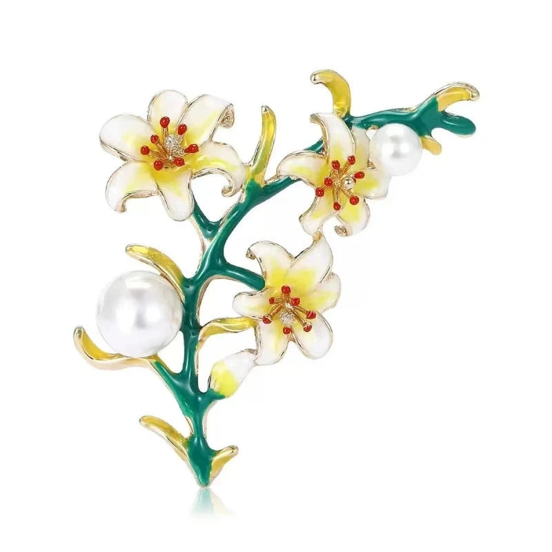 White Enamel Lily Flower Spray Brooch — White Lily Spray