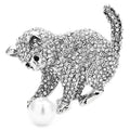 Rhinestone Cat Playing with Pearl-Look Ball Brooch — Silver