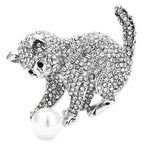 Rhinestone Cat Playing with Pearl-Look Ball Brooch — Silver