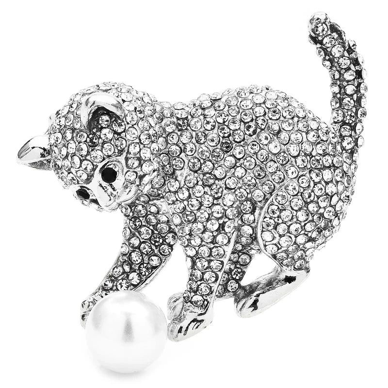 Rhinestone Cat Playing with Pearl-Look Ball Brooch — Silver