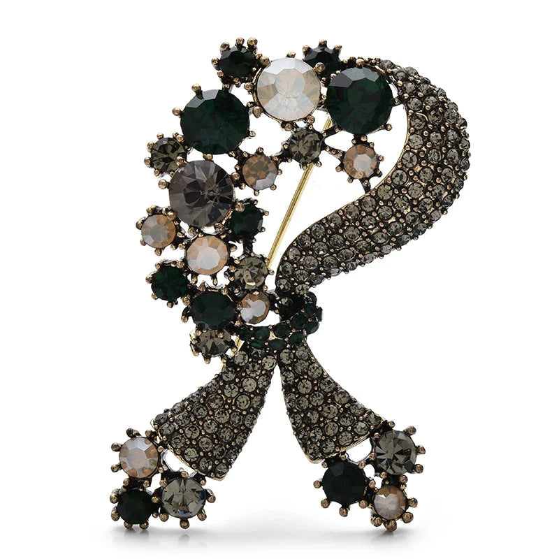 Vintage-Style Floral Rhinestone Bow Brooch — Green