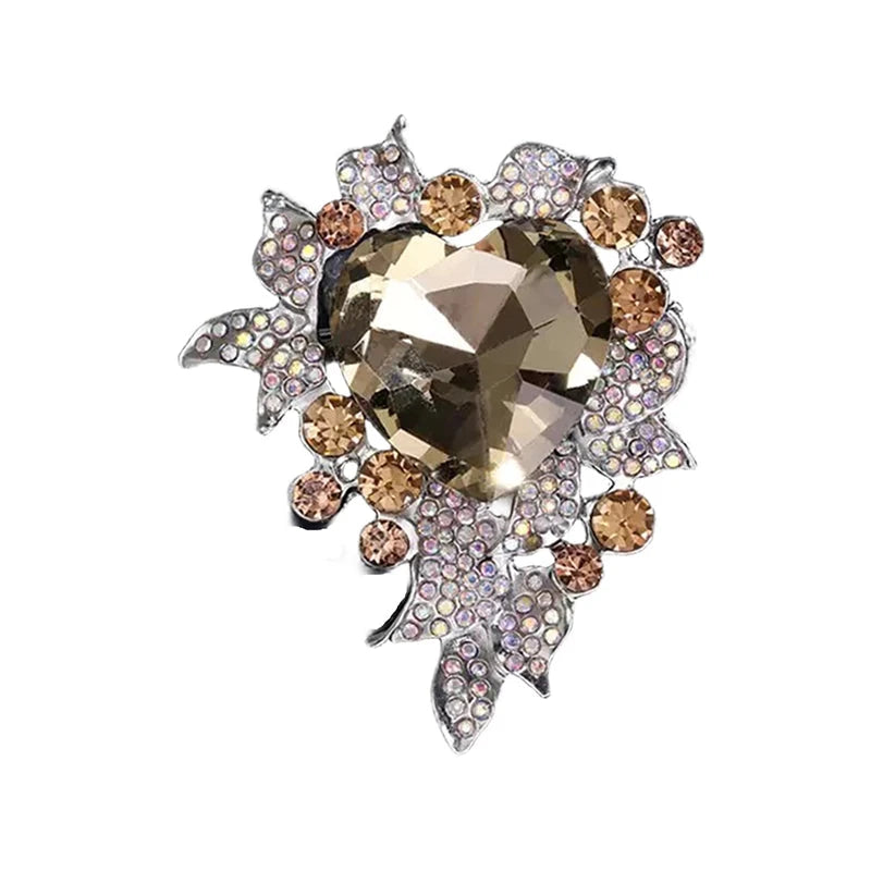 Faceted Heart with Floral Rhinestone Frame Brooch — Champagne