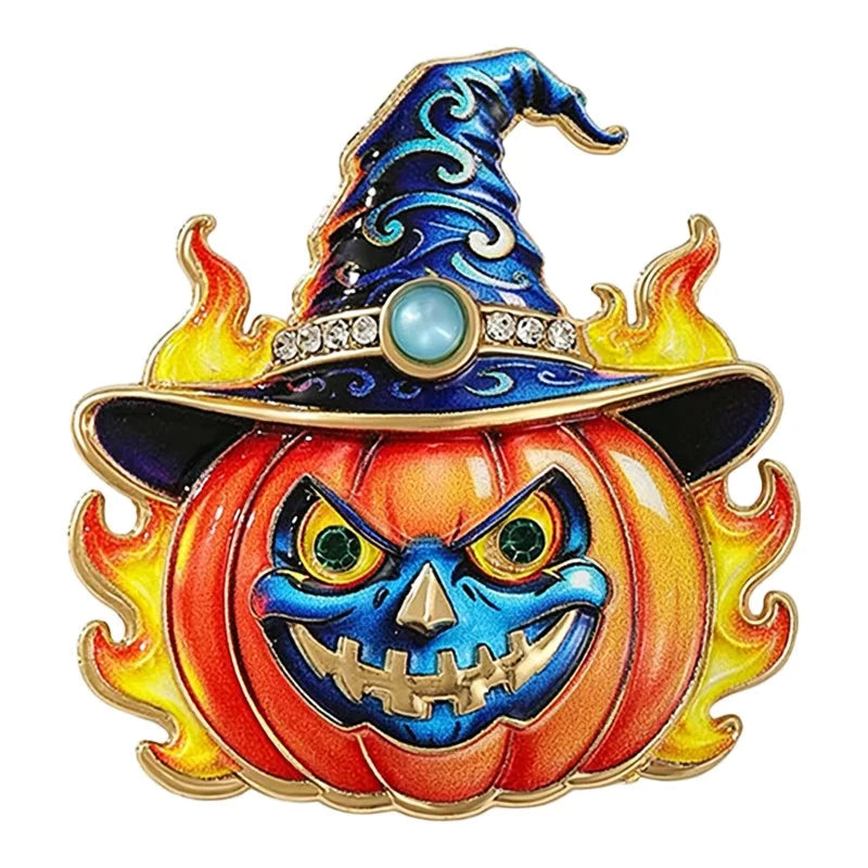 Flaming Pumpkin with Witch Hat Brooch original white background product photo