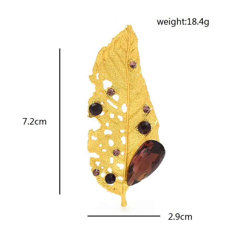 Openwork Jeweled Feather Leaf Brooch