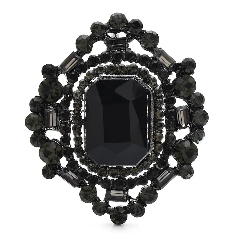 Vintage-Style Rectangular Faceted Stone Brooch — Black