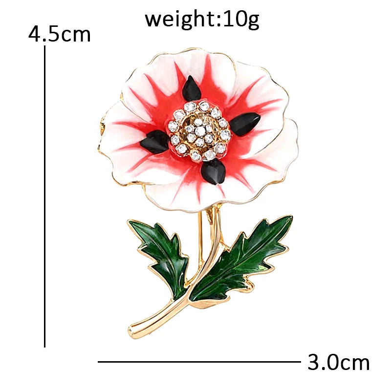 Red and White Poppy Flower Brooch