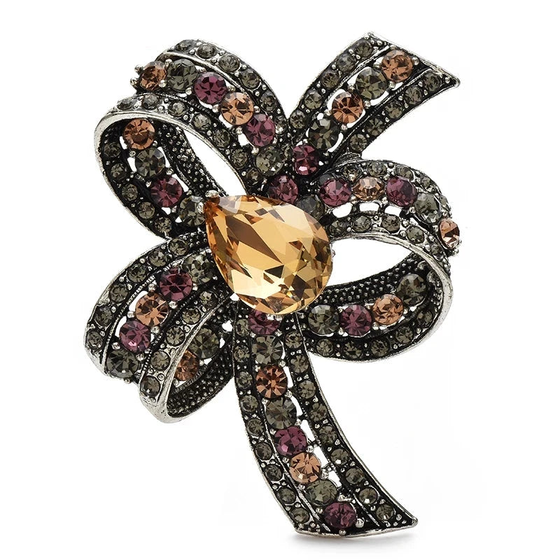 Vintage-Style Faceted Bow with Flower Loops Brooch — Champagne
