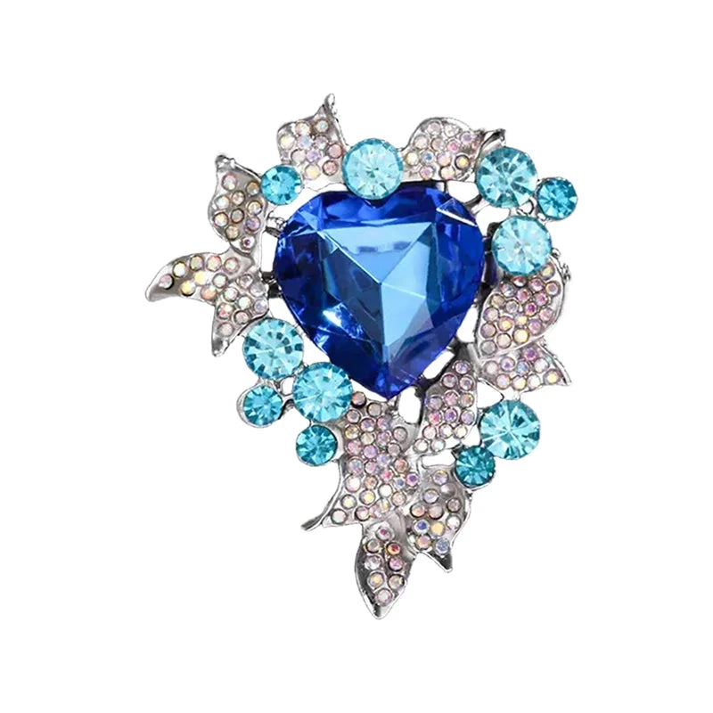 Faceted Heart with Floral Rhinestone Frame Brooch — Blue