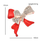 Red Enamel Bow with Rhinestone Loops Brooch — dimensions