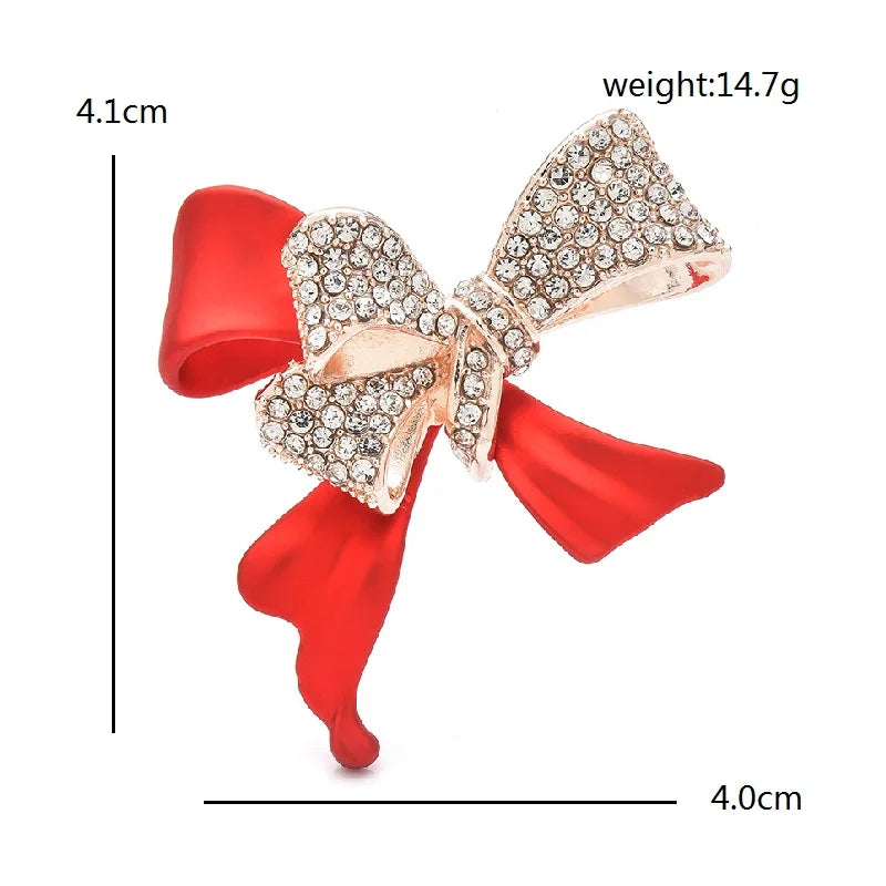 Red Enamel Bow with Rhinestone Loops Brooch — dimensions