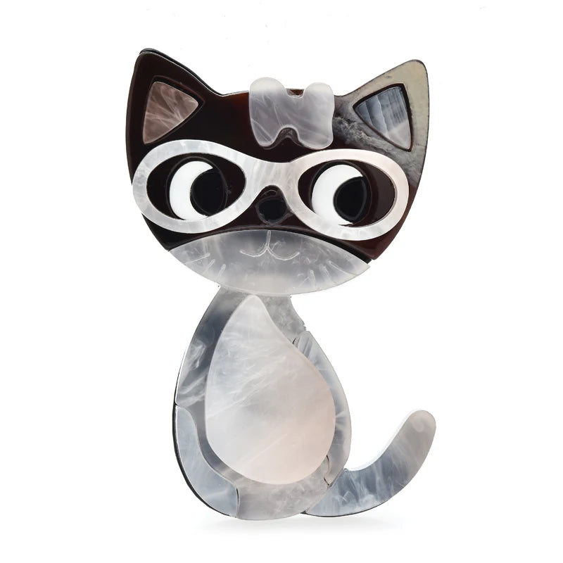 Acrylic Cat with Glasses and Bow Brooch — Gray